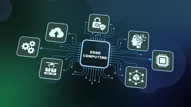 Edge computing architecture highlighting decentralized data processing and real-time network connectivity icons