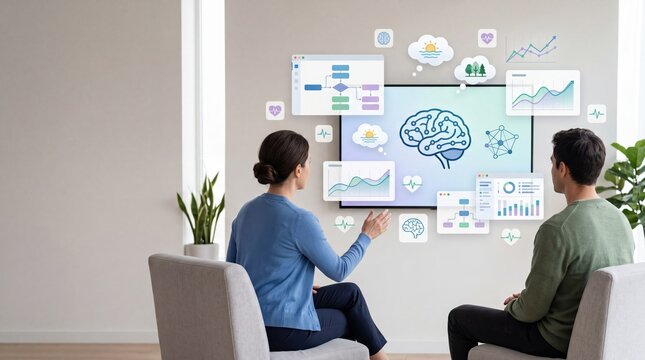 Couple analyzing brain health data on screen interface, mental wellness psychology concept, cognitive function monitoring with charts graphs and medical icons in modern home