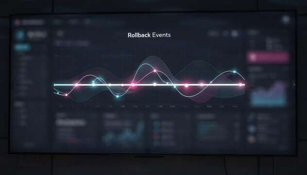 Medium view of a monitoring dashboard showing a timeline of rollback events with the main graph in sharp focus and surrounding elements out of focus.