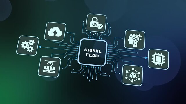 Digital signal flow diagram illustrating seamless data transmission across network nodes and cloud infrastructure