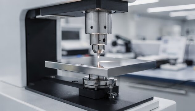 Steel specimen sharply focused on an advanced hardness tester in a spotless lab setting with background elements intentionally defocused for contrast.