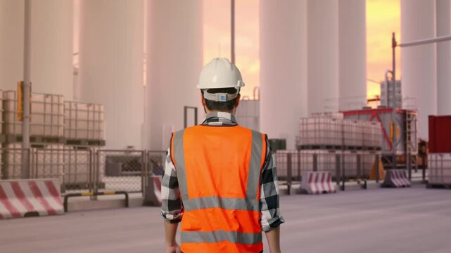 Back of Asian Male Engineer Walking at Storage Facility with IBC Totes, Large Silos and Safety Barriers at Sunset