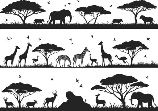 African safari wildlife silhouette landscape featuring elephants giraffes zebras and trees vector illustration