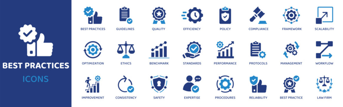Best practices flat icon set. Containing icons as best practices, guidelines, quality, efficiency, policy, compliance, framework and more. Solid vector web icons collection.