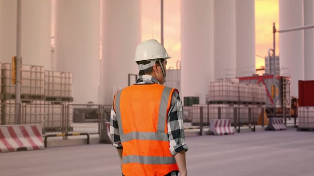 Back of Asian Male Engineer Walking at Storage Facility with IBC Totes, Large Silos and Safety Barriers at Sunset