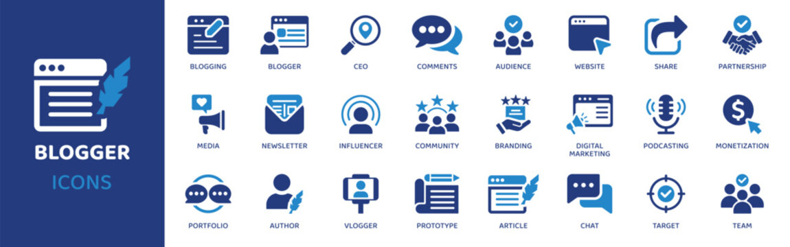 Blogger flat icon set. Containing icons as blogging, blogger, CEO, comments, audience, website, share and more. Solid vector web icons collection.