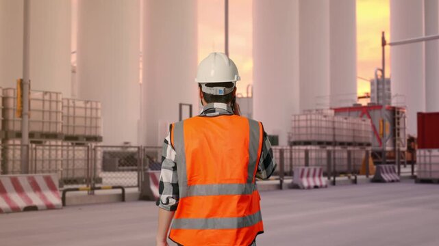 Back of Asian Male Engineer Talking On Smartphone While Walking at Storage Facility with IBC Totes, Large Silos and Safety Barriers at Sunset