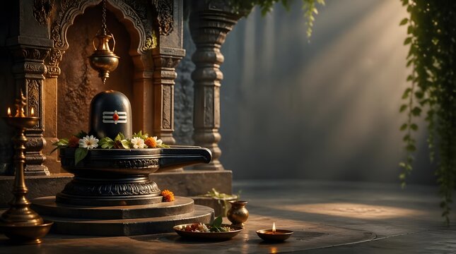 Elegant Hindu Temple Shivalingam Altar with Offerings and Lamps