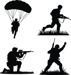 Military soldier silhouette collection featuring parachuting aiming and combat action vector illustration set © Sayed Creative