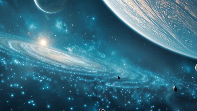 Blue planet and glowing galaxy in deep outer space, futuristic cosmic landscape, science fiction concept, universe exploration, digital fantasy, space adventure.