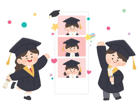 Three cut polaroid style graduation photos with students celebrating academic achievements and ceremony memories