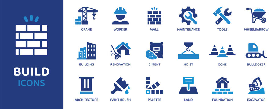 Build flat icon set. Containing icons as crane, worker, wall, maintenance, tools, wheelbarrow, building and more. Solid vector web icons collection.