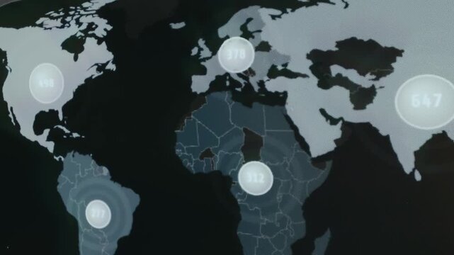 Risk of financial fraud distribution by region, World map with values displayed in pulsing circular indicators