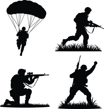 Military soldier silhouette collection featuring parachuting aiming and combat action vector illustration set