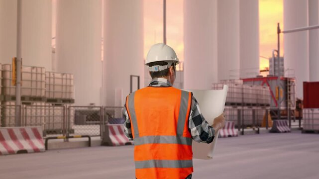 Back of Asian Male Engineer Looking At Blueprint In His Hands While Walking at Storage Facility with IBC Totes, Large Silos and Safety Barriers at Sunset
