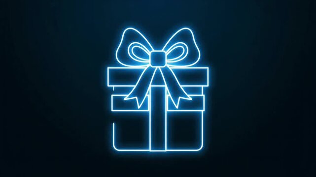 Glowing Neon Blue Gift Box with Ribbon and Sparkles on Dark Background.