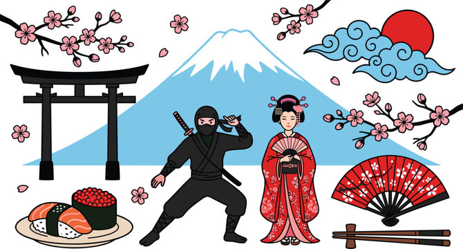 Comprehensive Japanese Culture Illustration Set Featuring Mount Fuji, Ninja, Geisha, Sushi, Torii Gate, Cherry Blossoms, and Traditional Red Sun for Travel and Education Designs