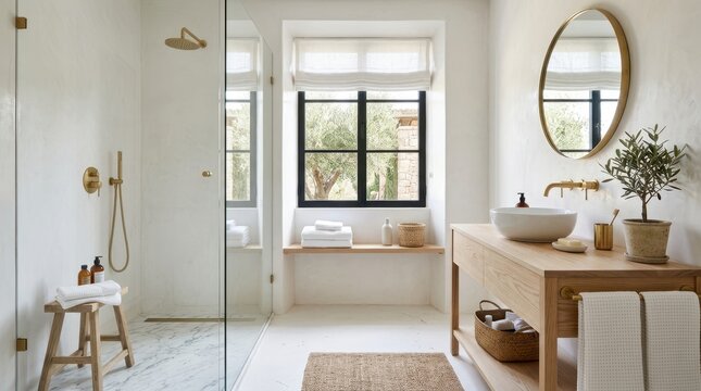 Modern bathroom with natural light and elegant brass fixtures