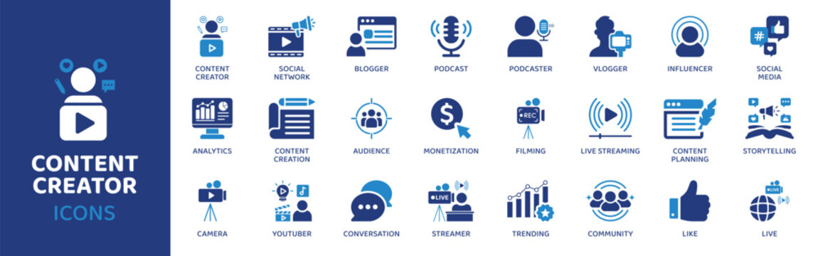 Content creator flat icon set. Containing icons as content creator, social network, blogger, podcast, podcaster, vlogger, influencer and more. Solid vector web icons collection.