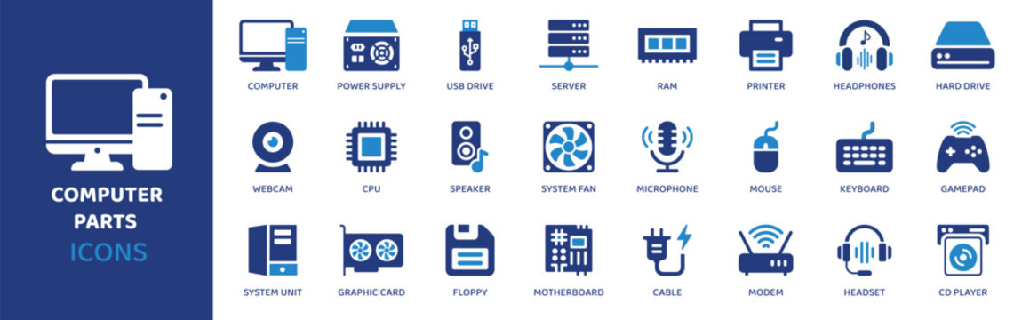 Computer parts flat icon set. Containing icons as computer, power supply, USB drive, server, RAM, printer, headphones and more. Solid vector web icons collection.