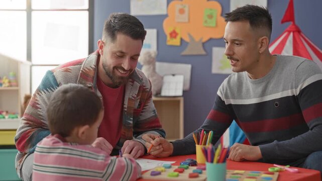Boy draws with colored pencils at a table while two men guide in a school building; nurturing learning joy.