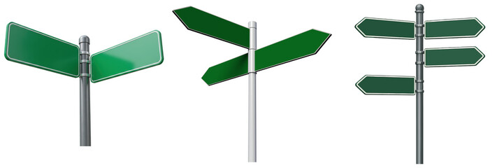 Three green blank direction signs on poles, isolated on transparent background © N