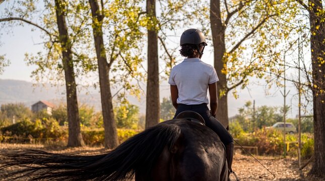 Rider on dark horse in a rural landscape