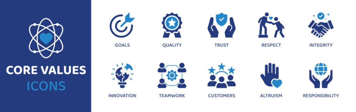 Core values flat icon set. Containing icons as goals, quality, trust, respect, integrity, innovation, teamwork and more. Solid vector web icons collection.