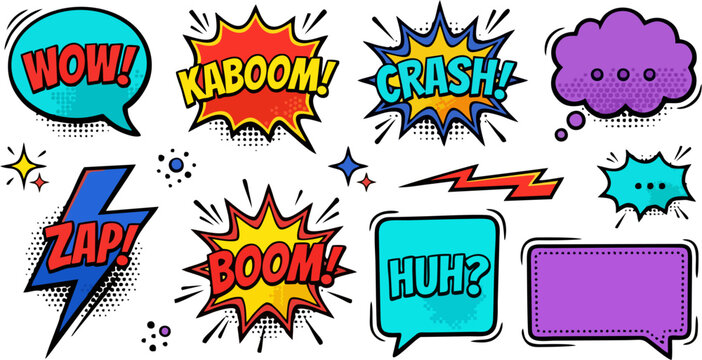Pop Art Comic Speech Bubbles and Explosion Sound Effects Set Isolated