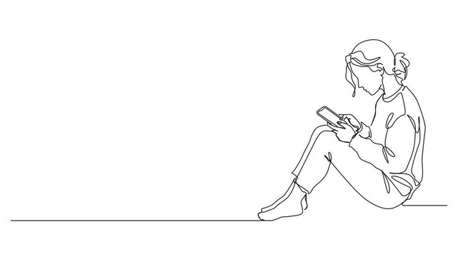 animated continuous line drawing of young woman sitting on floor typing message on smartphone, line art animation