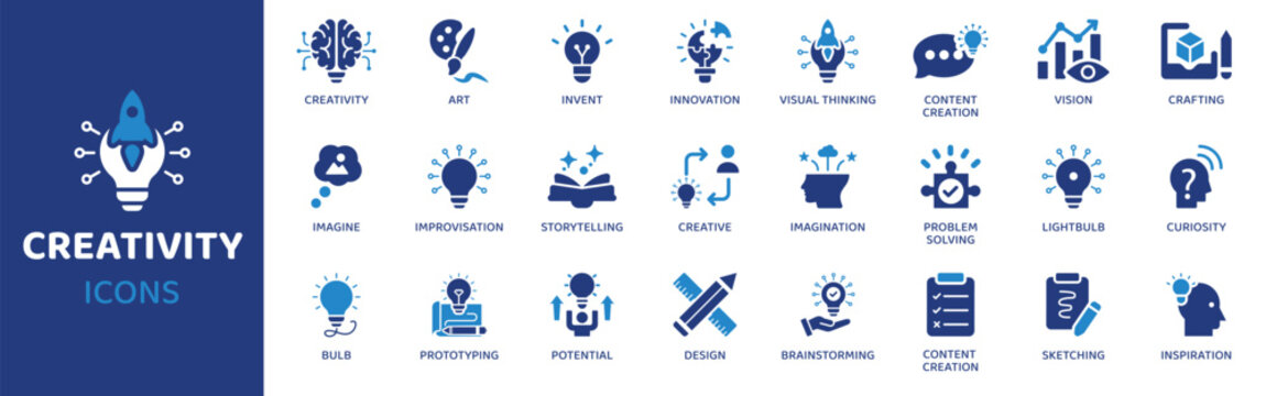 Creativity flat icon set. Containing icons as creativity, art, invent, innovation, visual thinking, content creation, vision and more. Solid vector web icons collection.