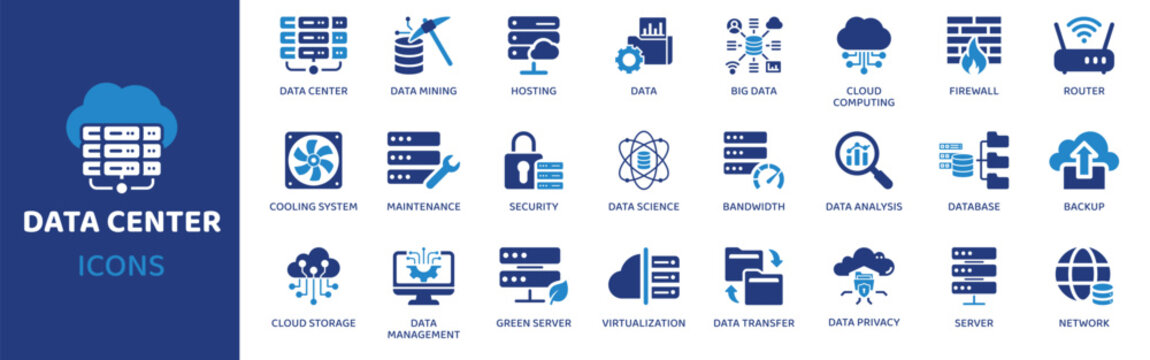 Data center flat icon set. Containing icons as data center, data mining, hosting, data, big data, cloud computing, firewall and more. Solid vector web icons collection.