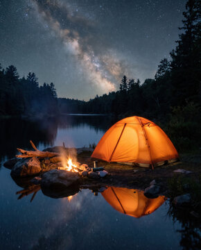 A digital detox lakeside campsite sits beside mirrorlike water. Reflection, firelight, and an isolated tent reinforce the remote escape angle.