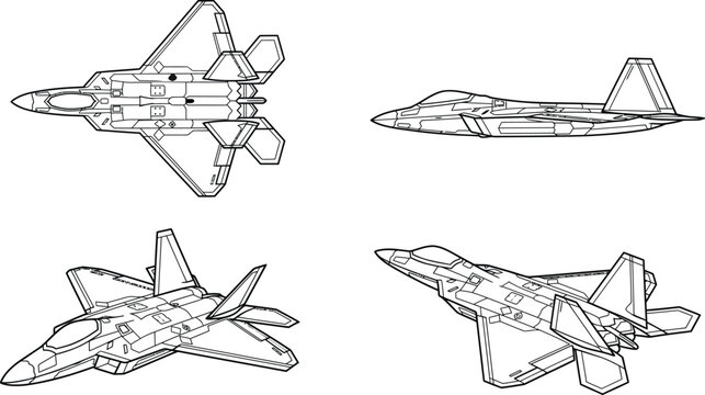 F-22 Raptor Stealth Fighter Jet Black Silhouette Set 4 Views Top Side Front 3/4 Angle Vector Illustration
