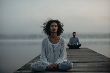 Fototapeta premium Black woman meditator with curly hair in white knit sweater and pendant, seated cross - legged on a foggy lake dock — man meditating blurred behind