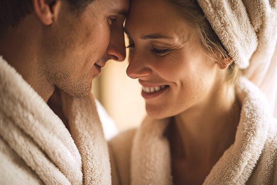 Caucasian young professional couple sharing a forehead touch, woman in towel turban and plush beige bathrobe smiling with dimples, man with light stubble