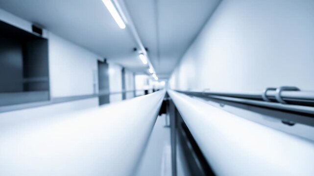 Industrial facility corridor featuring a series of white pipes running parallel, creating a sense of depth and clean infrastructure within a modern, illuminated environment