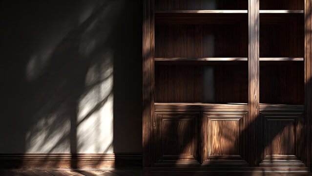Sunlight streams through a window, casting dappled shadows on a dark, empty wooden bookshelf and a