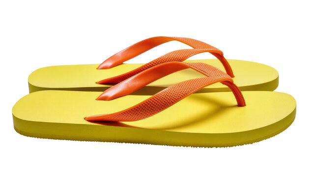 Isolated pair of vibrant yellow summer flip-flops with bright orange straps for beach holidays