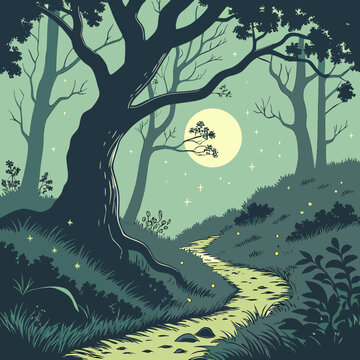 A path winds through a dark mystical forest under a full moon with glowing fireflies and starry night sky mystical fireflies enchanting landscape tranquil peaceful outdoors exploration