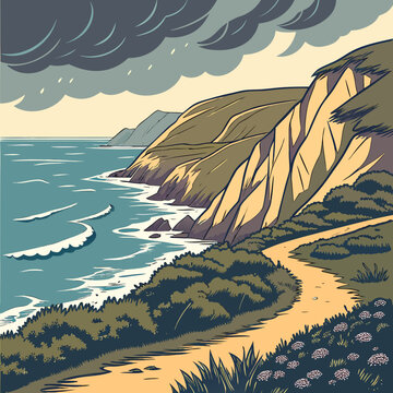 Coastal cliff path overlooking the ocean under stormy grey clouds with winding road hiking trail grey sky outdoors dramatic landscape background illustration stylized vegetation seascape