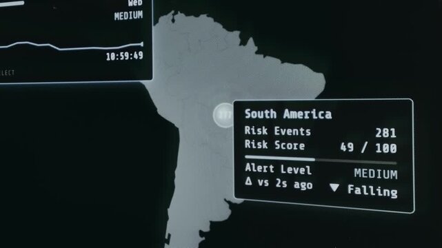 Fraud detection dashboard map focusing on South America with risk indicators