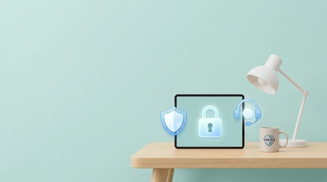 3D office desk with a tablet displaying glowing security lock, shield, and headset icons beside a desk lamp and coffee mug with a trust symbol on a minimal background with copy space.