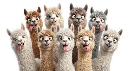 Fototapeta premium A group of funny cartoon alpaca and llama characters with different colored wool staring at the camera with silly expressions and tongues sticking out, detailed 3D render on a black background.