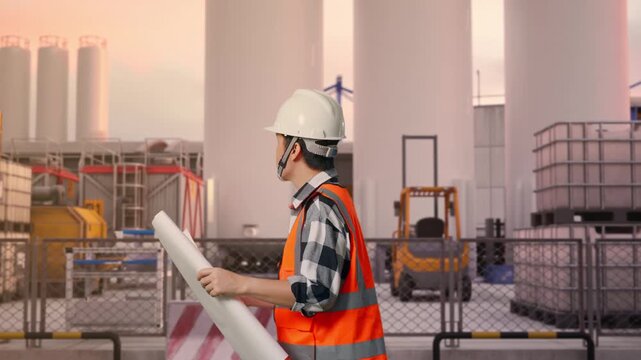 Side View of Asian Male Engineer Looking At Blueprint In His Hands While Walking at Storage Facility with IBC Totes, Large Silos and Safety Barriers at Sunset