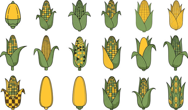 Set of Stylized Corn Cob Icons with Geometric Patterns and Organic Textures for Modern Agricultural and Food Graphic Design Layouts