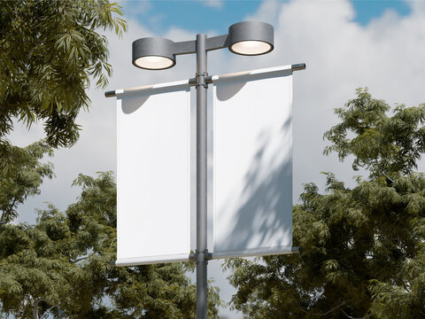 Blank White Pole Banners on Street Lamp. 3d render.