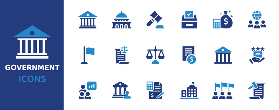 Government flat icon set. Containing icons as bank, government building, gavel, ballot box, budget, globalization, flag and more. Solid vector web icons collection.