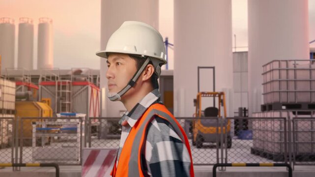 Side View of Asian Male Engineer Walking at Storage Facility with IBC Totes, Large Silos and Safety Barriers at Sunset