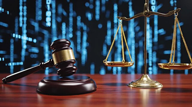 Justice concept with gavel and scale on wooden table data backdrop